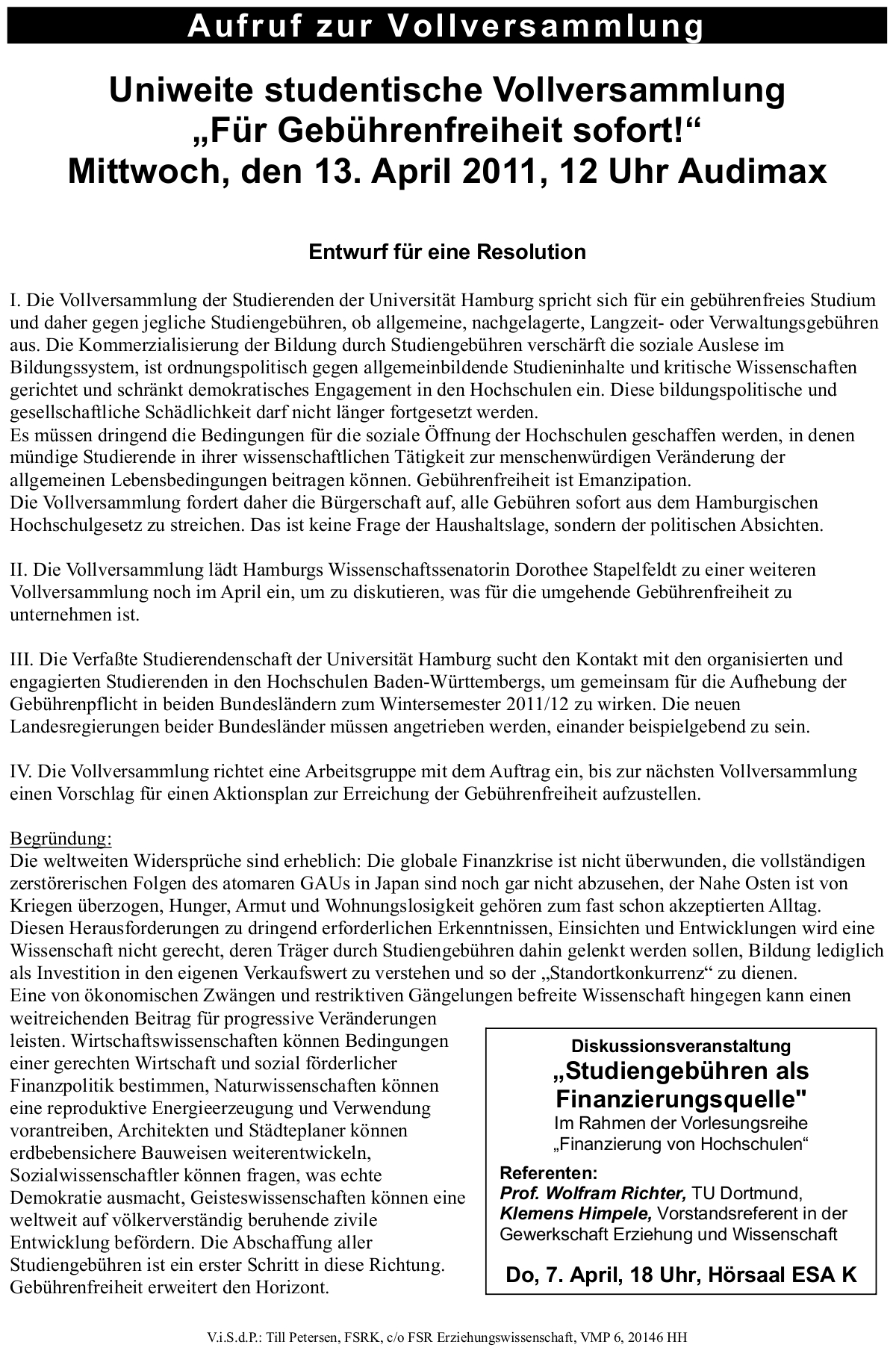 Resolutionsentwurf Vollversammlung 13.04.2011 12 Uhr Audimax Uni Hamburg